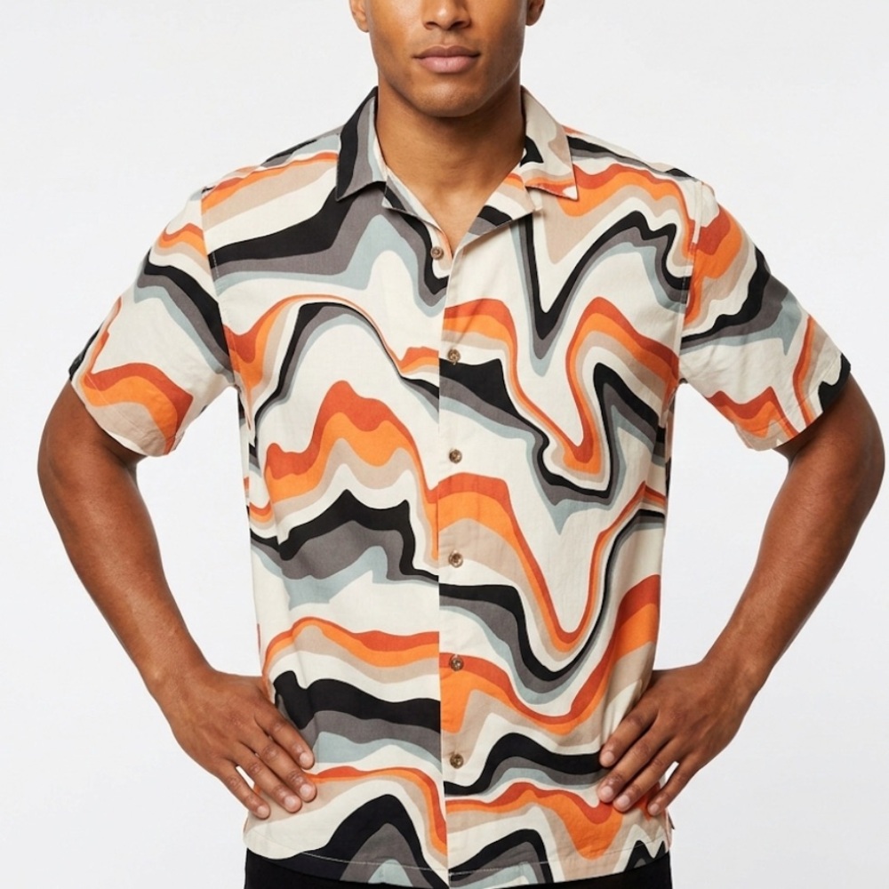 Zara Mens Large Abstract Wave Marble Print Shirt Orange Grey Black Short Sleeve
